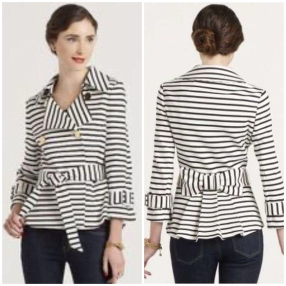 Kate Spade Nautical Striped Bow Jacket Crop Double Breasted Black White Sz M - Picture 1 of 12